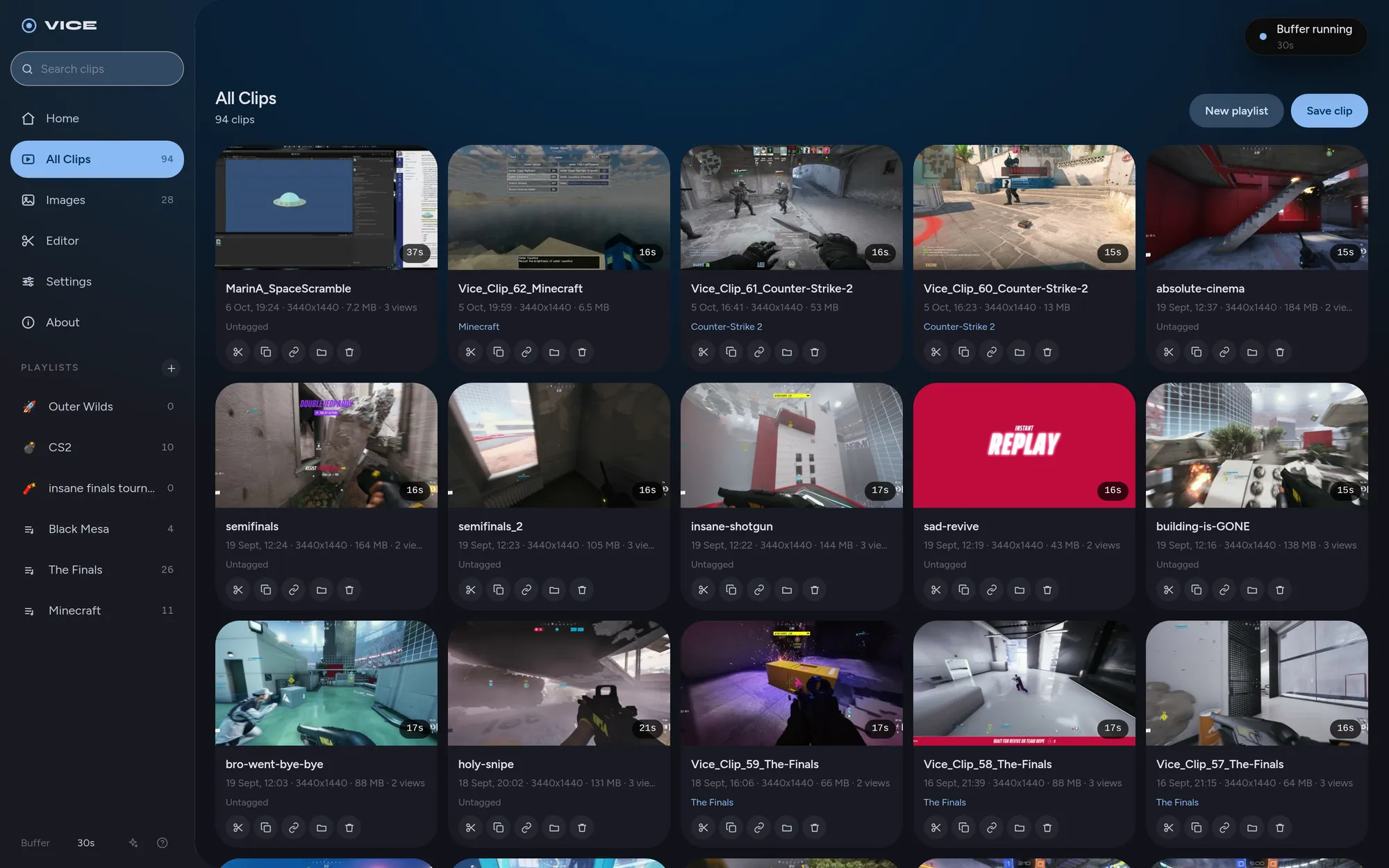 All Clips in Vice: a grid of thumbnails from Counter-Strike 2, Minecraft and The Finals, with game playlists in the sidebar