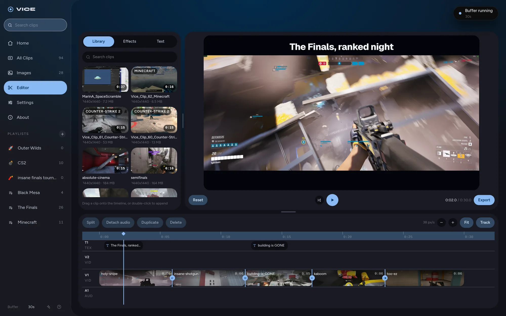 The Vice editor with five clips on a timeline, transitions between them and a title over the preview