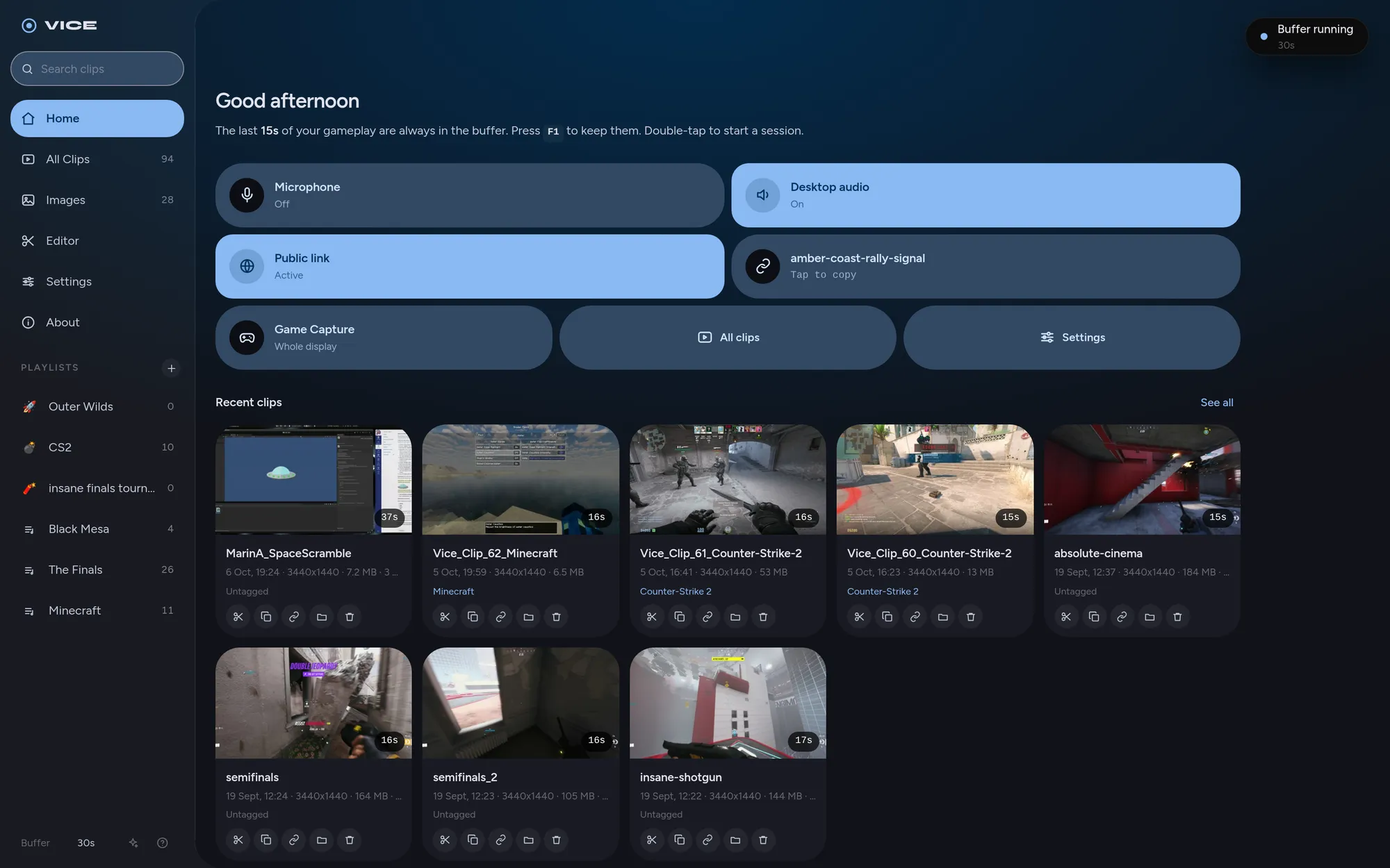 The Vice window: quick settings for the microphone, desktop audio, public link and Game Capture, above a row of recent clips