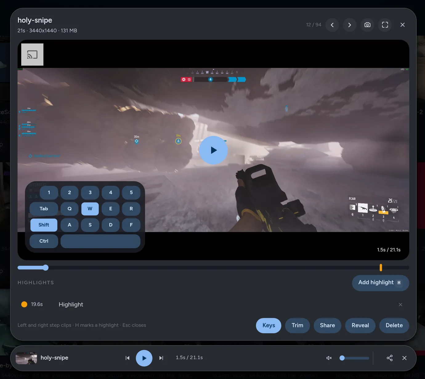 A clip open in the Vice viewer, with the keys pressed shown over the video and a highlight marked on the timeline